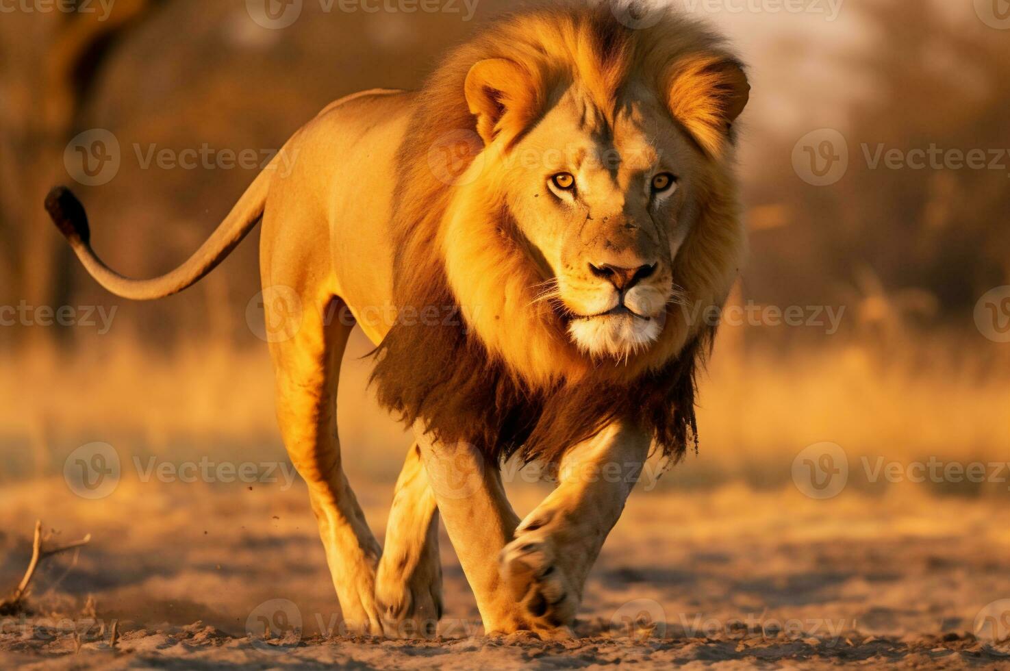 adulto masculino león corriendo en el africano sabana durante el dorado hora de el día. ai generado foto