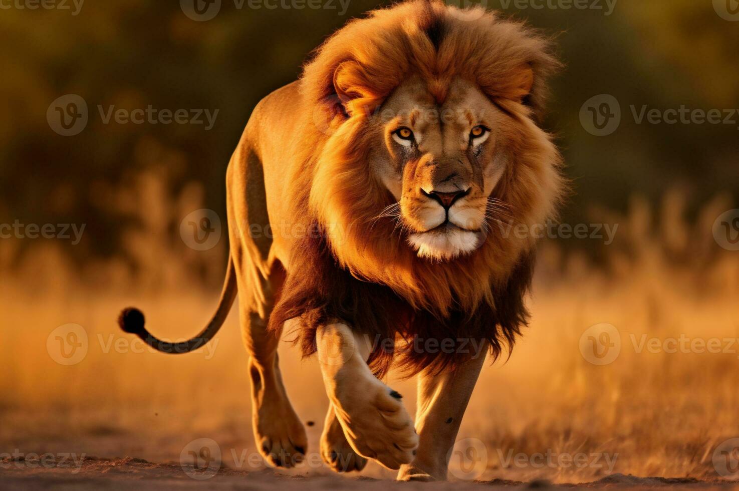 Adult male lion running in the African savannah during the golden hour of the day. AI generated photo