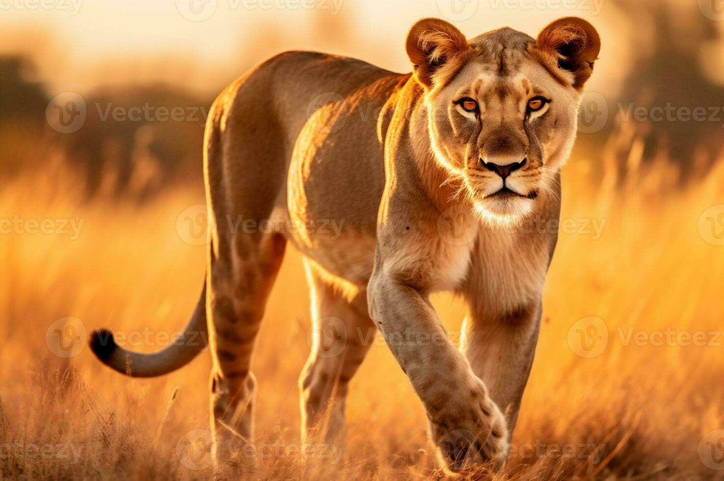 leona en el africano sabana durante el dorado hora de el día. ai generado foto