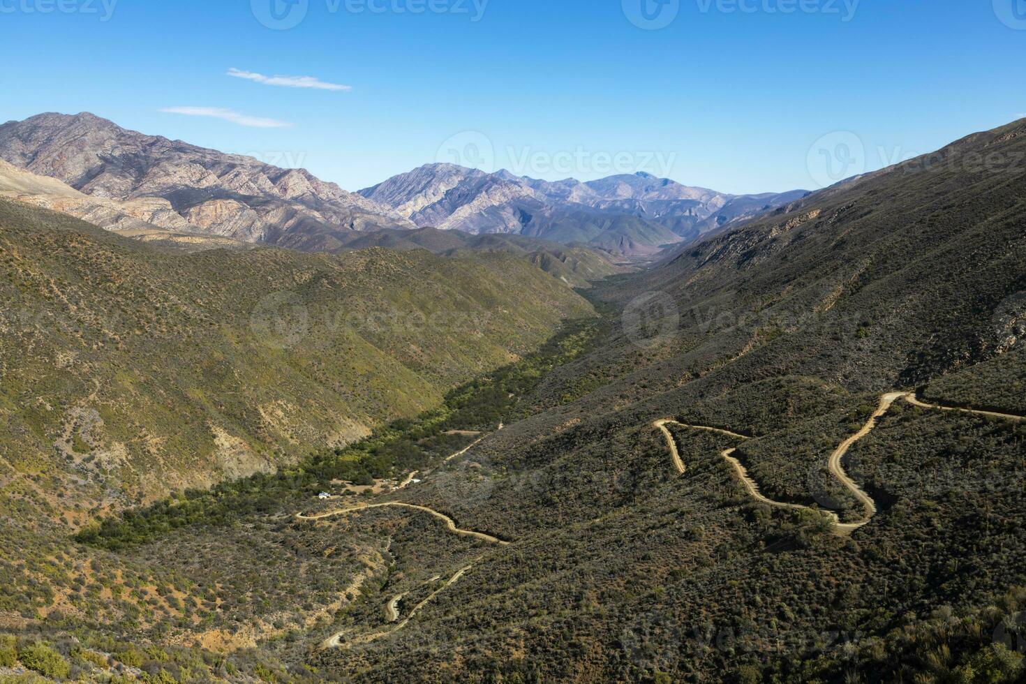 Gravel mountain pass zig-zag down into the valley of Gamkaskloof photo