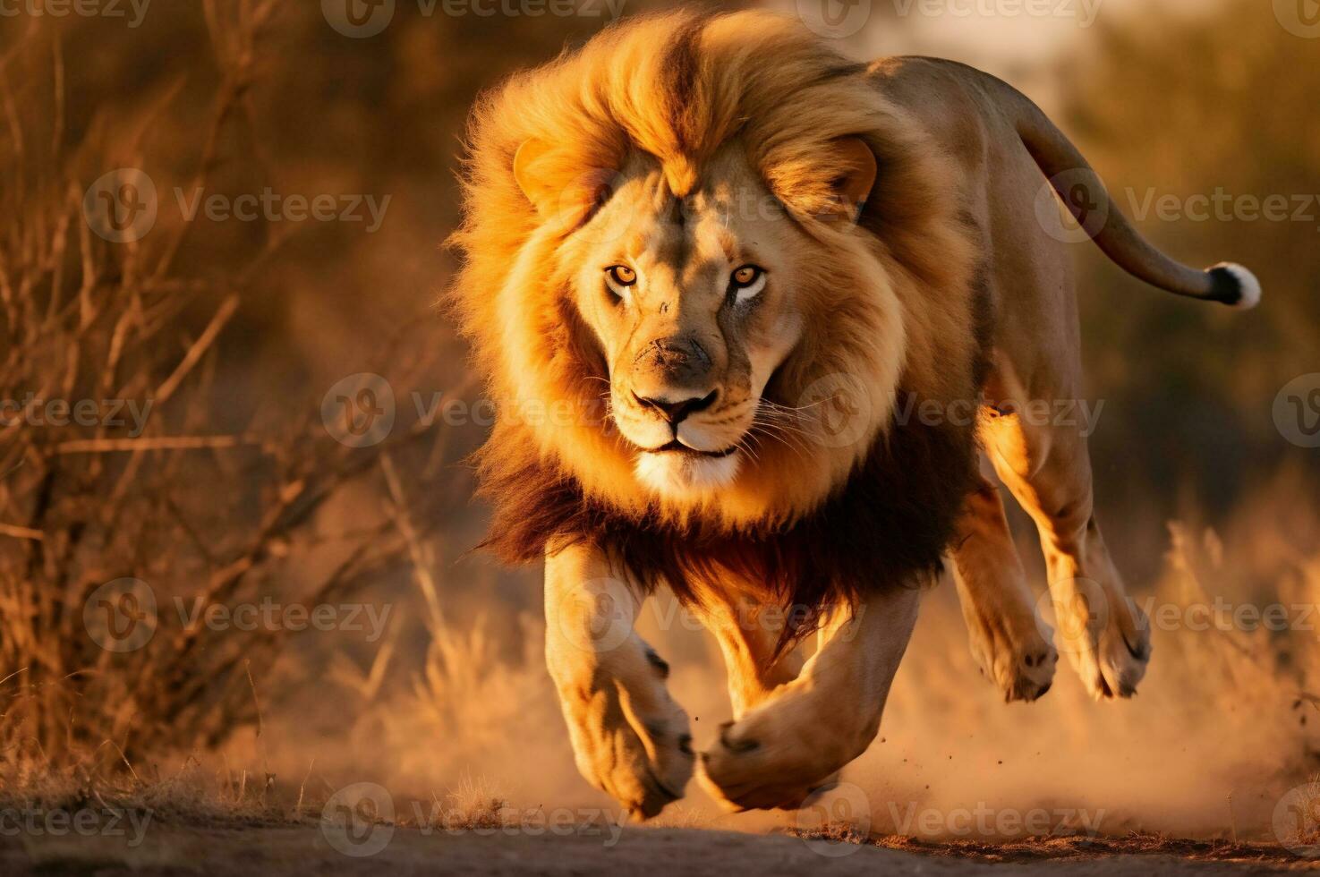 adulto masculino león corriendo en el africano sabana durante el dorado hora de el día. ai generado foto