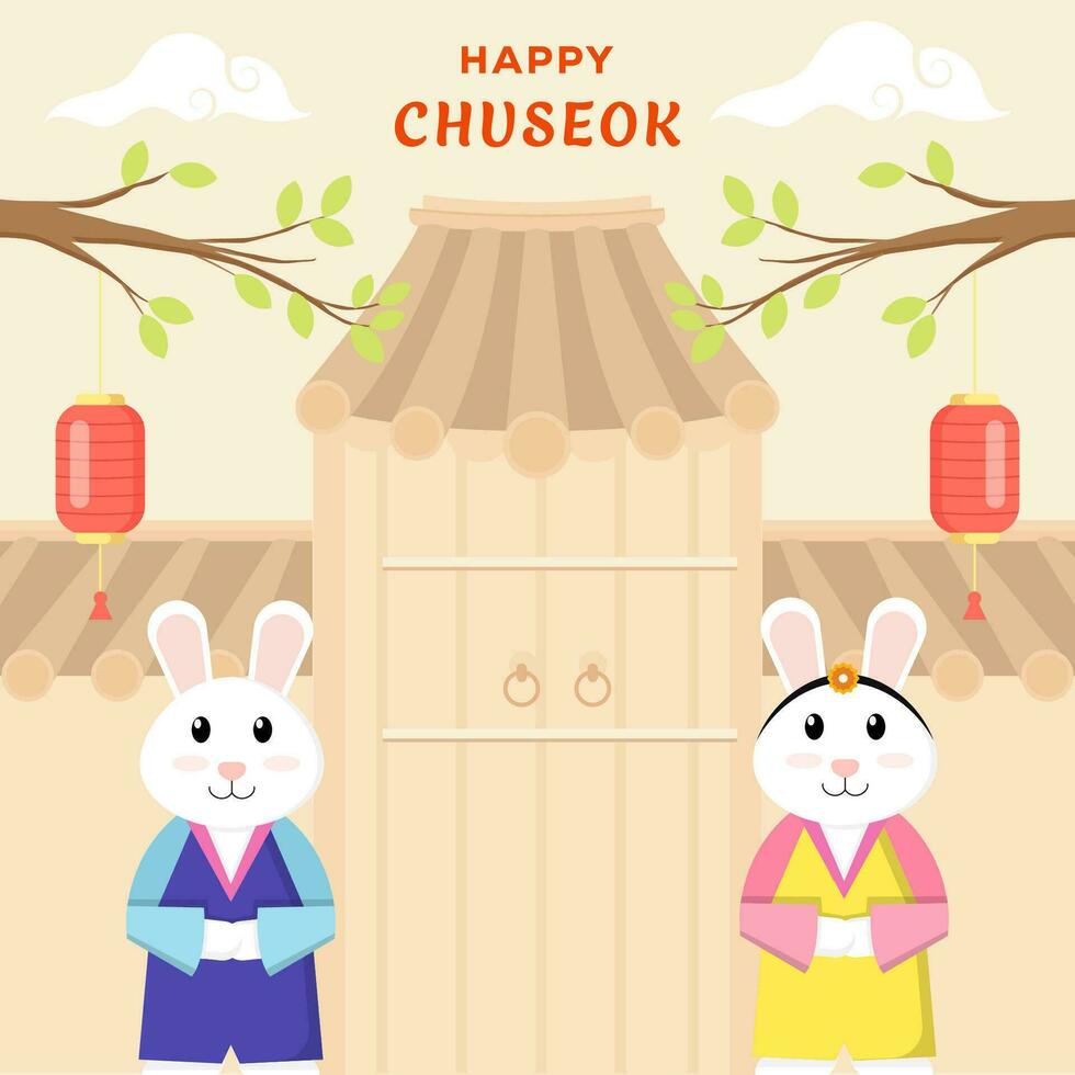 plano diseño vector contento Chuseok ilustración con dos conejos