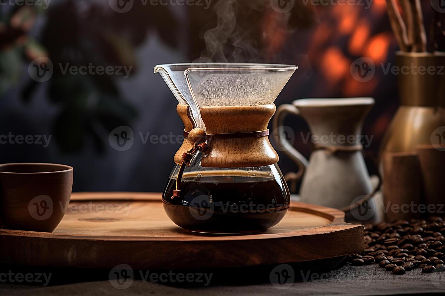 Hot Arabica in Chemex with the Aromatic of Coffee with Black Coffee Beans AI Generative photo