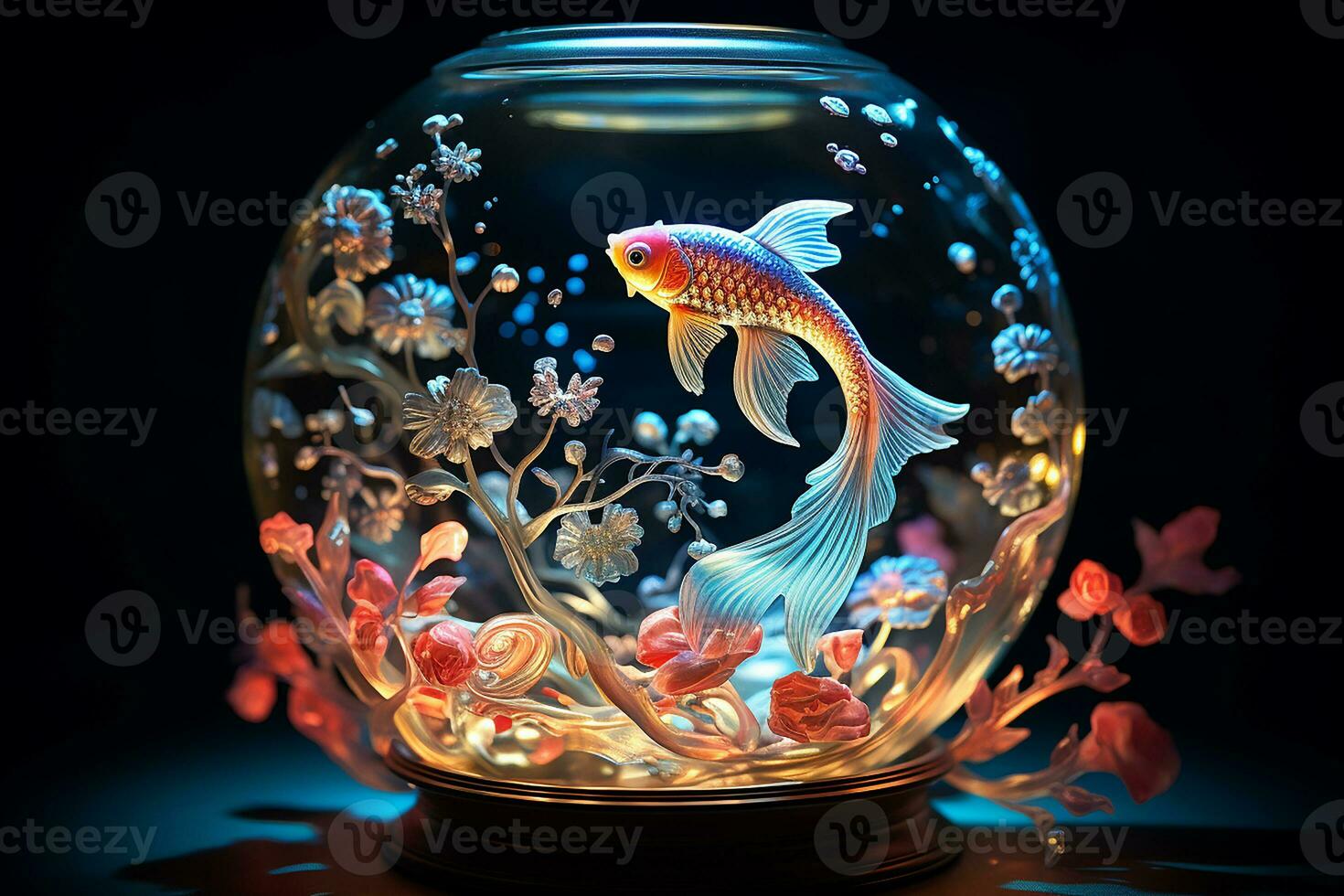 generativo ai imagen de hermosa decorativo pescado nadando en pescado cuenco con flores como habitación decoración foto