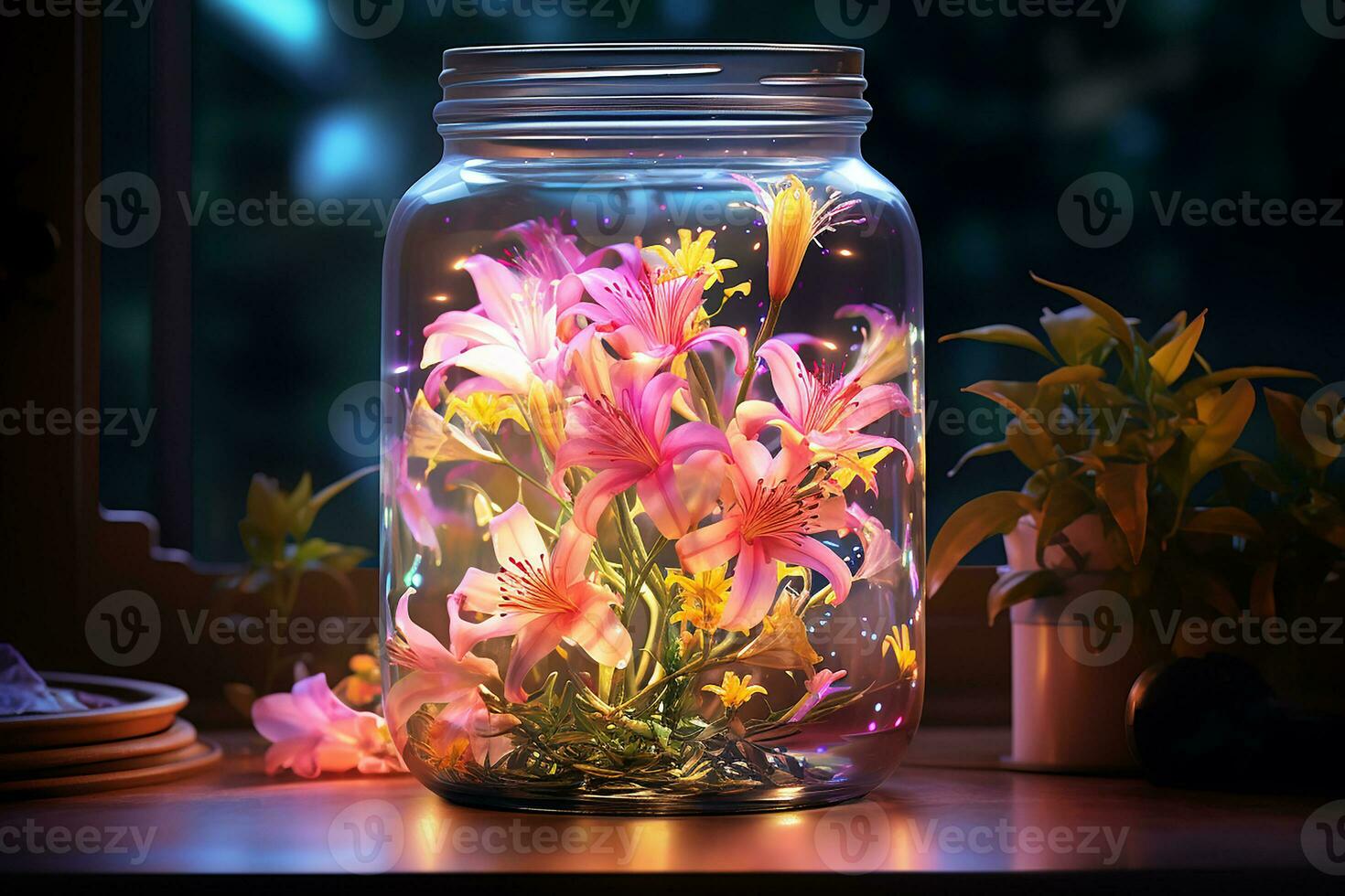 Generative AI Image of Beautiful Pink Lily Flowers on Jar with Neon Lighting photo