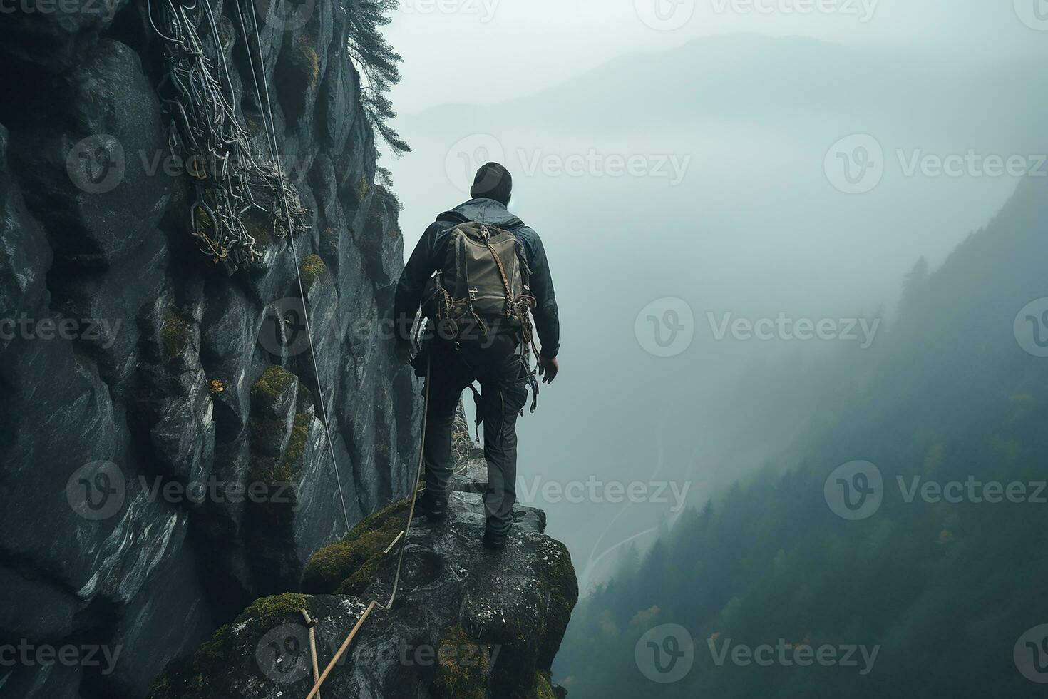 Back View of a Man Climbing a Cliff Extreme in Thick Foggy Cold Weather AI Generative photo