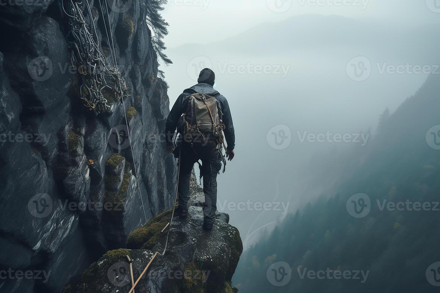 Back View of a Man Climbing a Cliff Extreme in Thick Foggy Cold Weather photo