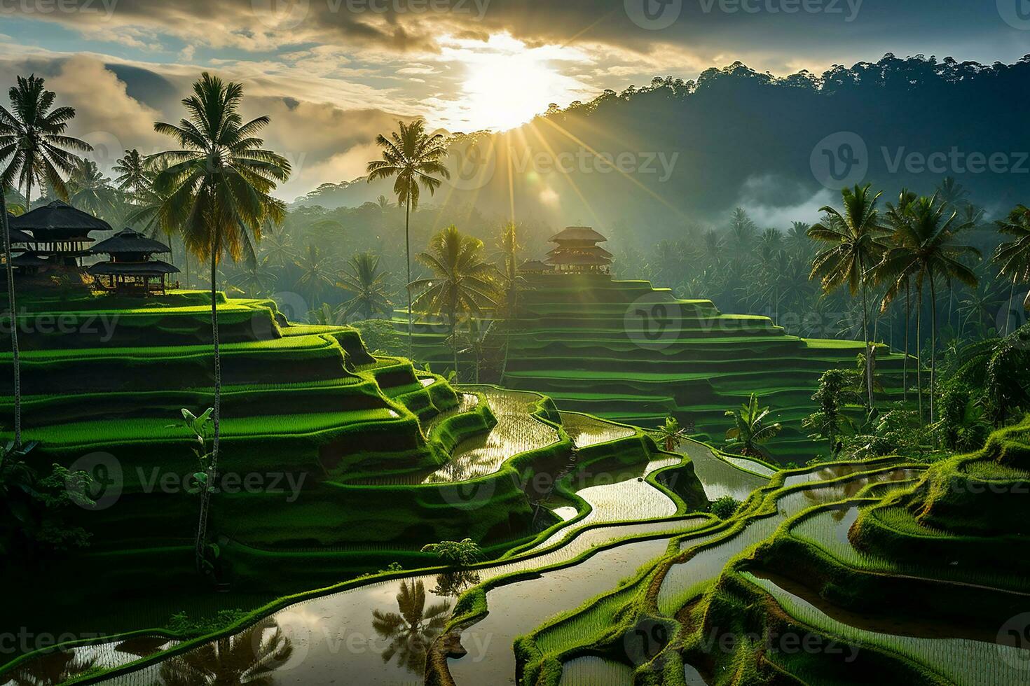 AI Generative Image from Beautiful Landscape of Green Rice Terraces in Bali with Palm Trees and Huts photo