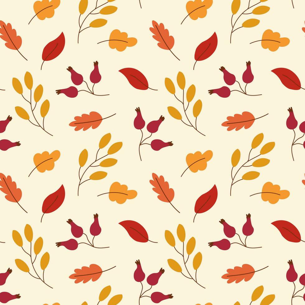 Seamless vector autumn pattern with berries and branches, leaves. Fall colorful floral background. Elegant floral seamless pattern for fabric, texture, wallpaper, poster, postcard.