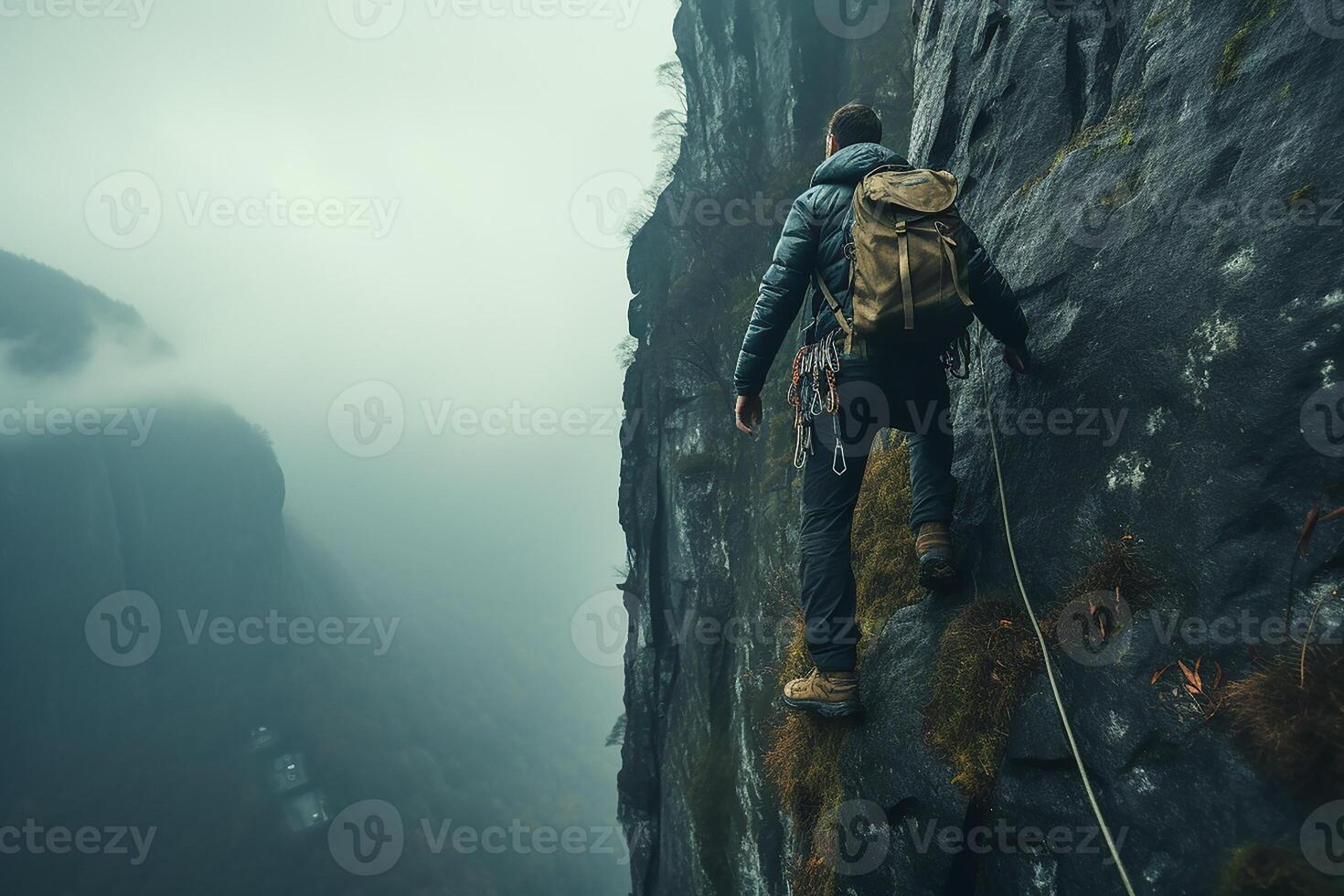 Back View of a Man Climbing a Cliff on a Cold and Foggy Day photo