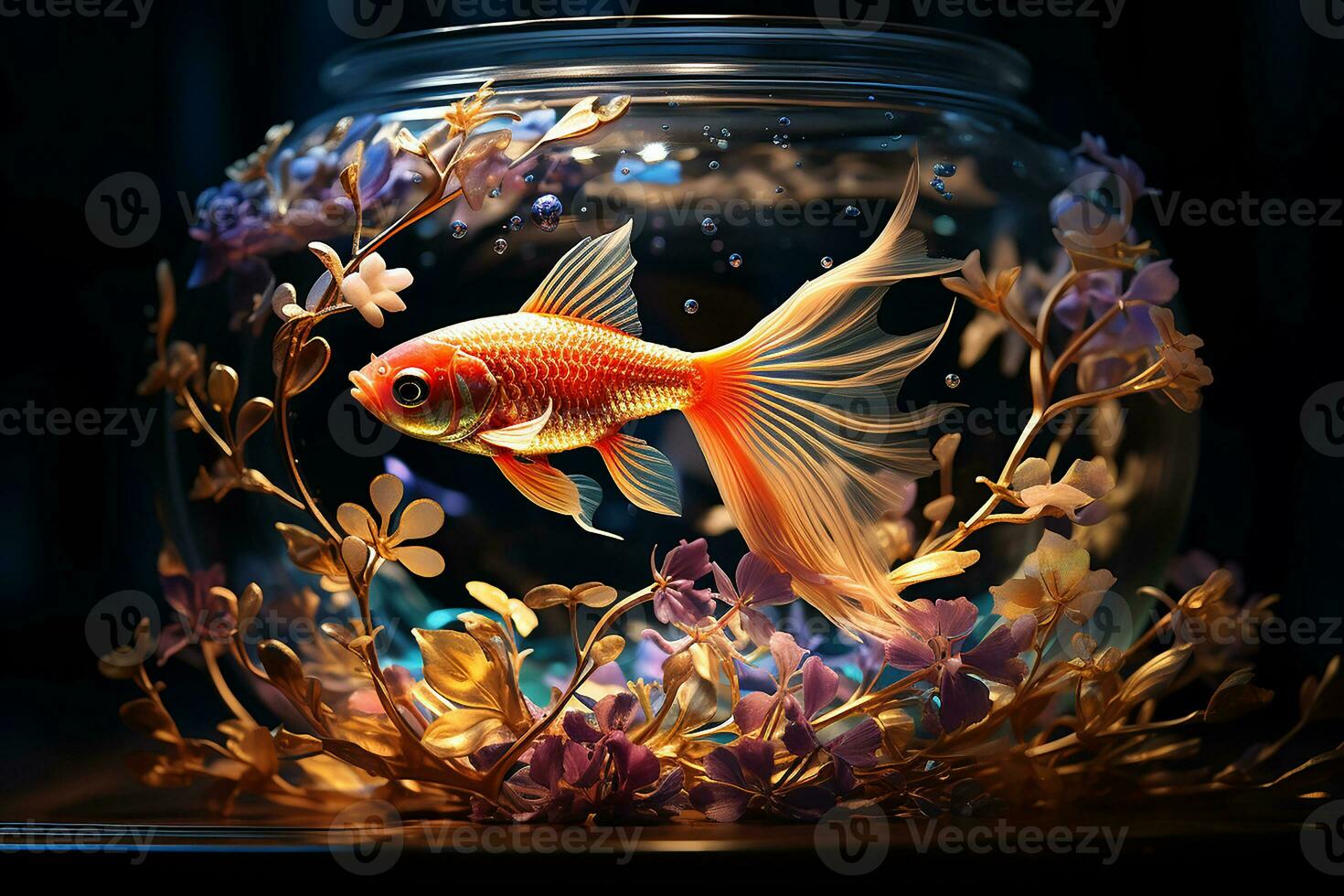 generativo ai imagen de hermosa decorativo pescado nadando en pescado cuenco con flores foto