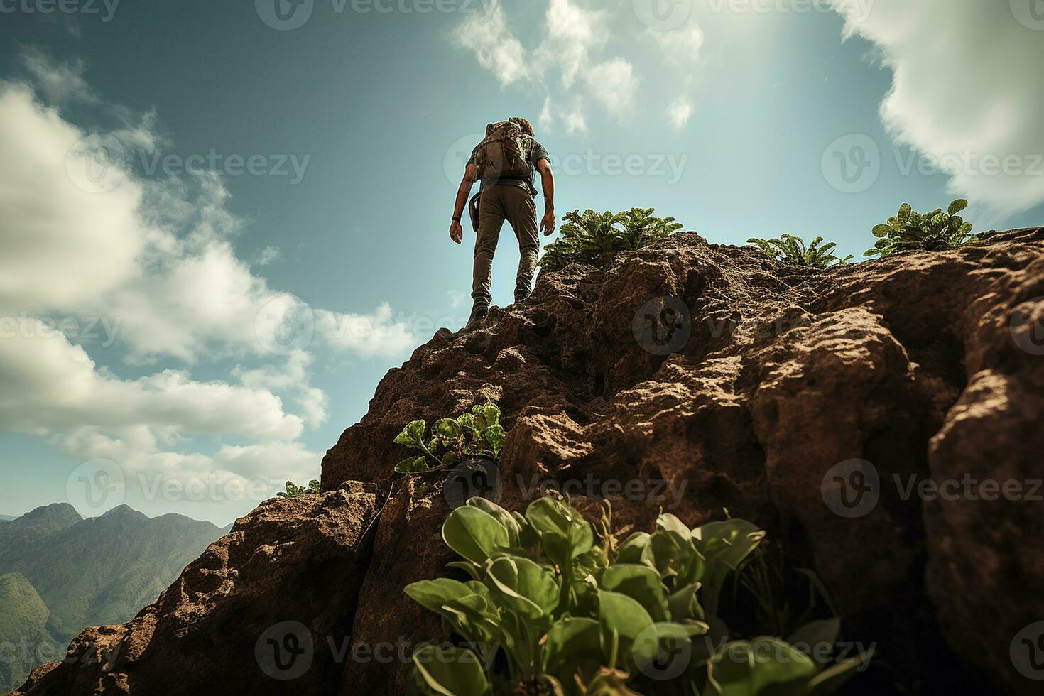 Brave Man Climbs on a Rocky Cliff on a Sunny Day AI Generative photo