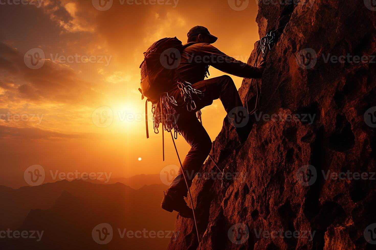 Man Climbing on a Rocky Cliff with Rope Safety Equipment at Sunrise AI Generative photo