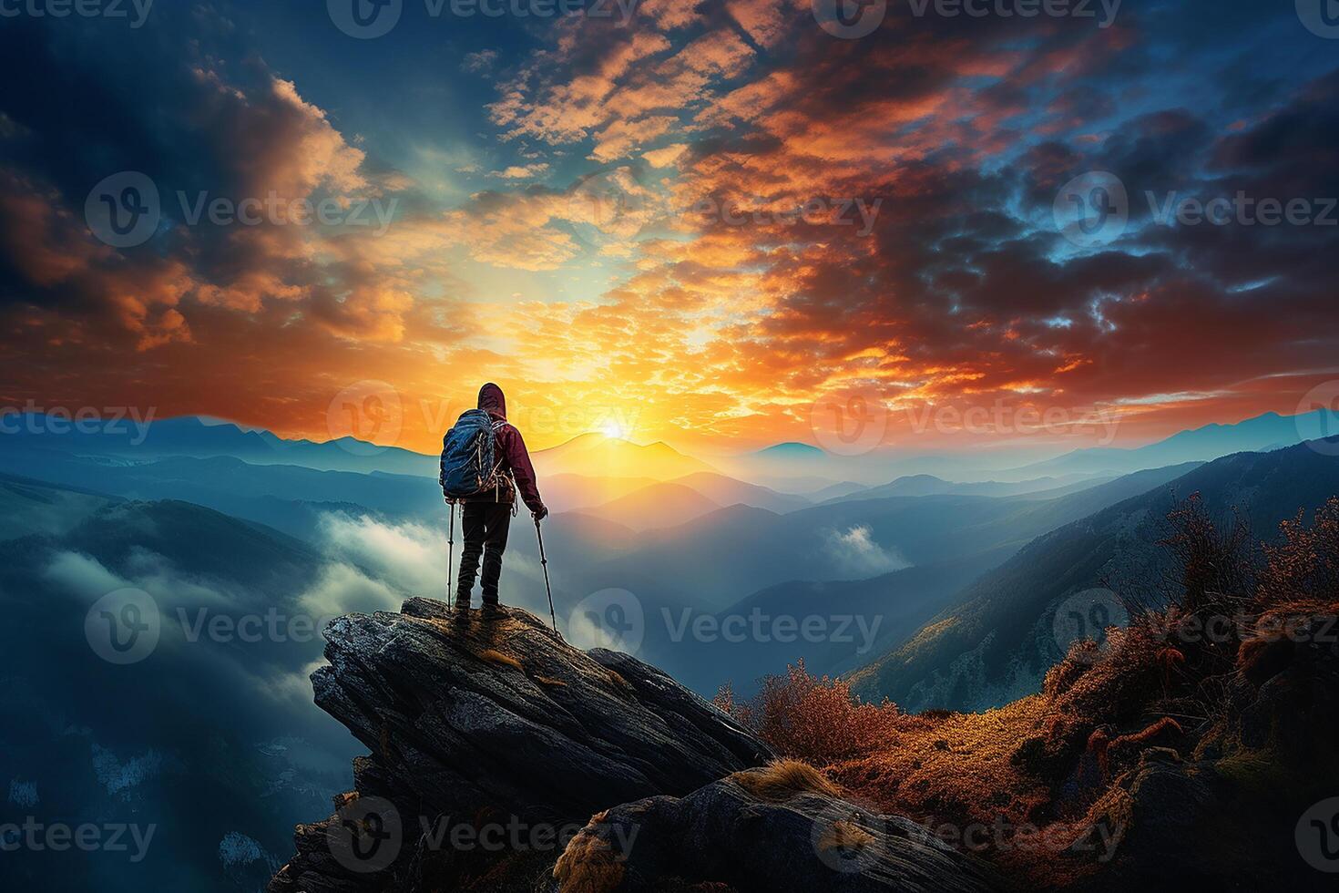Climber Standing on the Top of a Hill with Mountain Landscape at Golden Sunrise photo