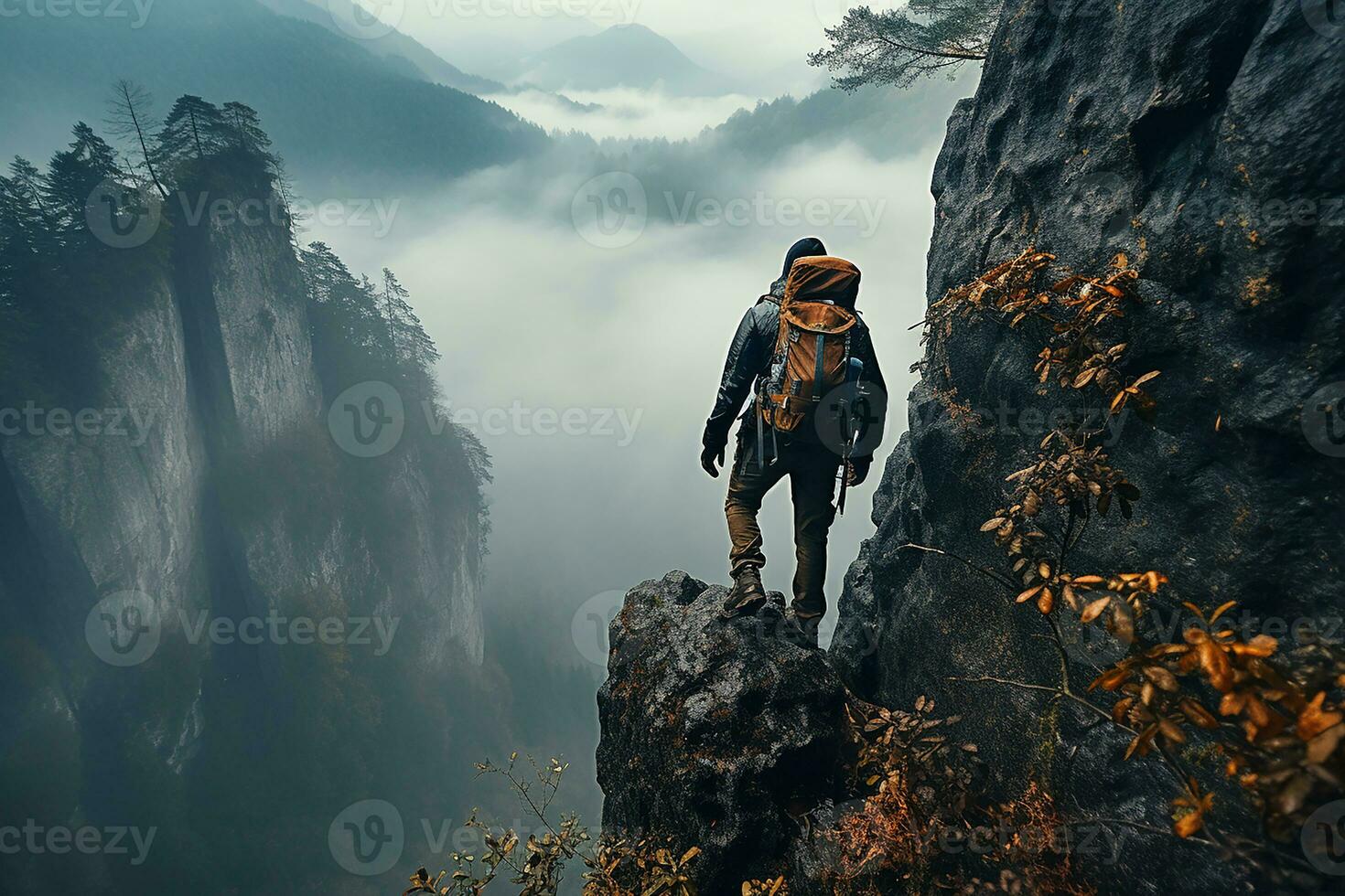 Back View of a Man Climbing an Extreme Cliff in Foggy Cold Weather AI Generative photo