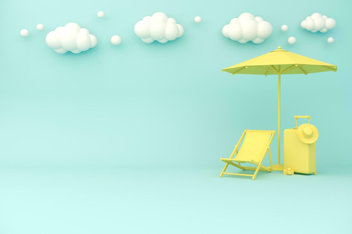 Summer concept. Suitcase and beach chair with umbrella. 3D render background illustration. photo