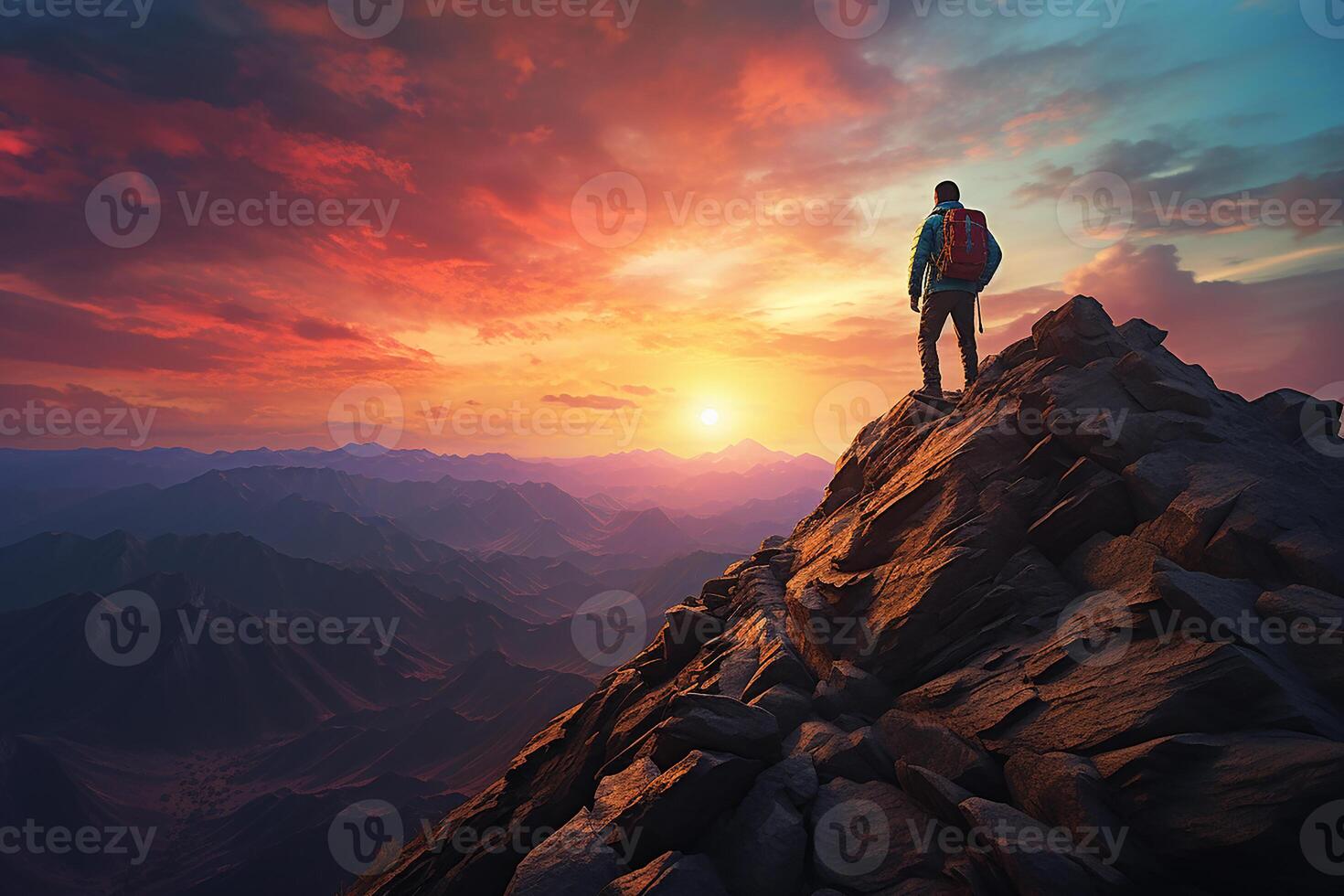 Climber Standing on the Top of a Rock Stone with Mountain Landscape at Sunrise photo