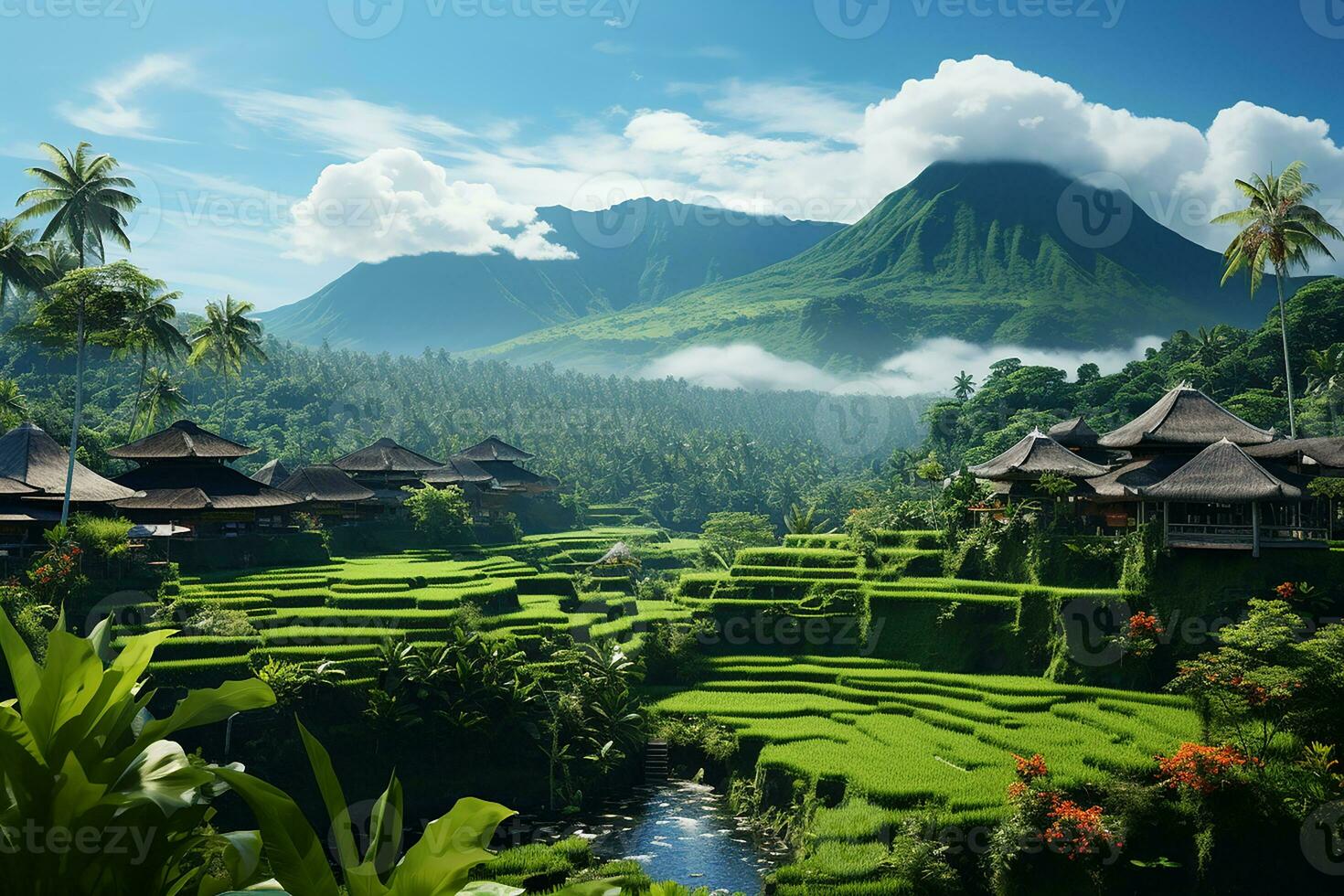 AI Generative from Image of Beautiful Landscape of Green Rice Fields in Bali with Huts and Nature View photo