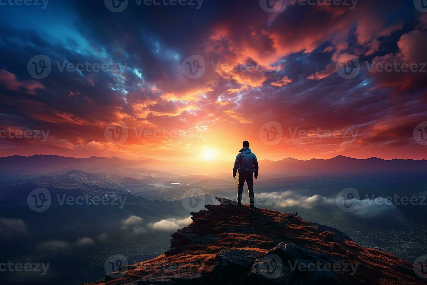 Climber Standing on the Top of a Hill with Mountain Landscape at Sunrise AI Generative photo