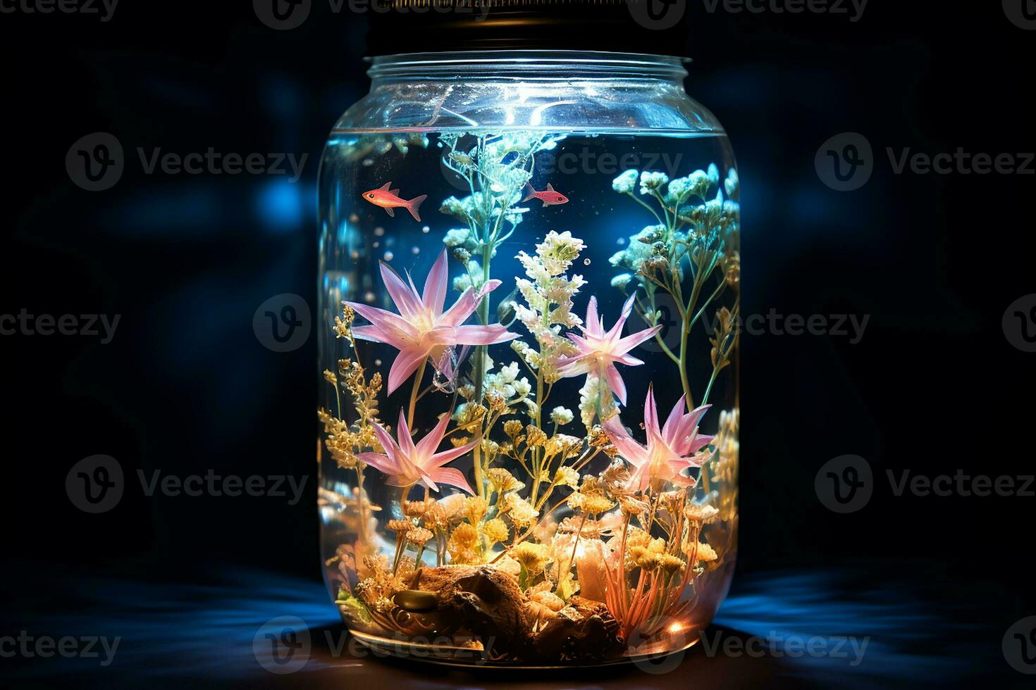 Generative AI Image of Little Fish Swimming on Jar with Beautiful Flowers Neon Lighting photo