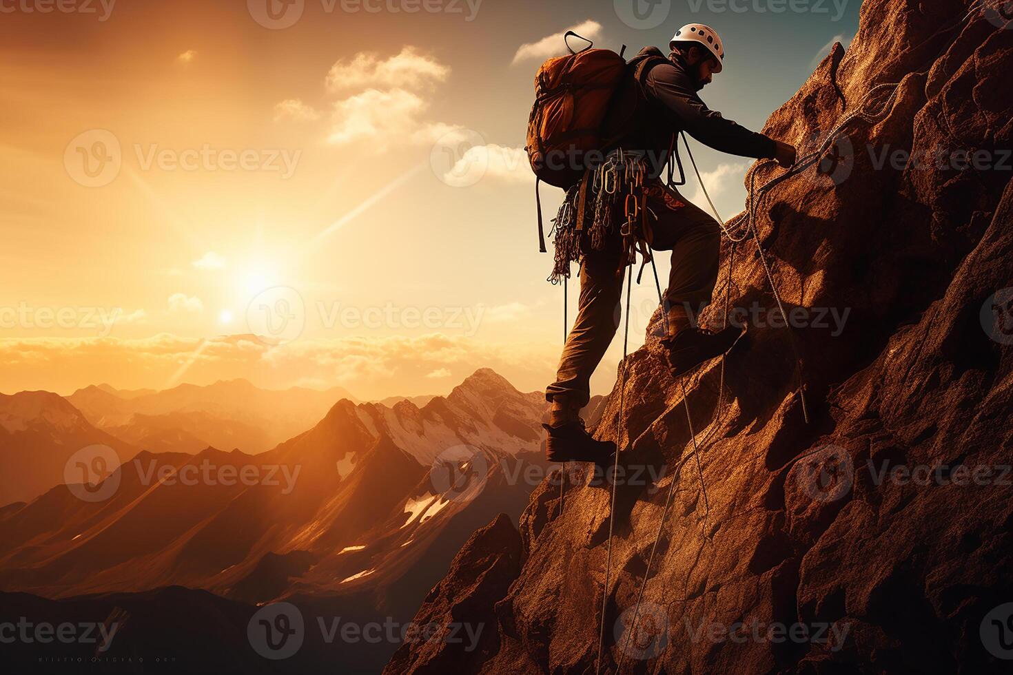 Man Climbing on a Rocky Cliff with Rope and Safety Equipment at Sunrise AI Generative photo