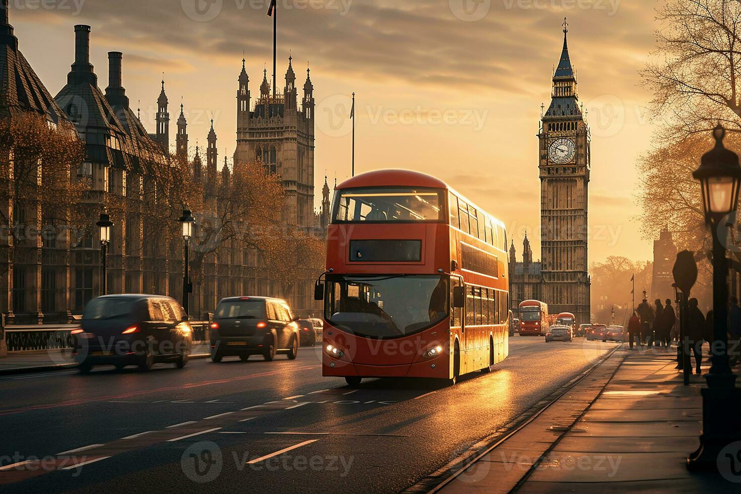 rojo autobuses en ciudad calle con reloj torre grande ben antecedentes en Londres ai generativo foto