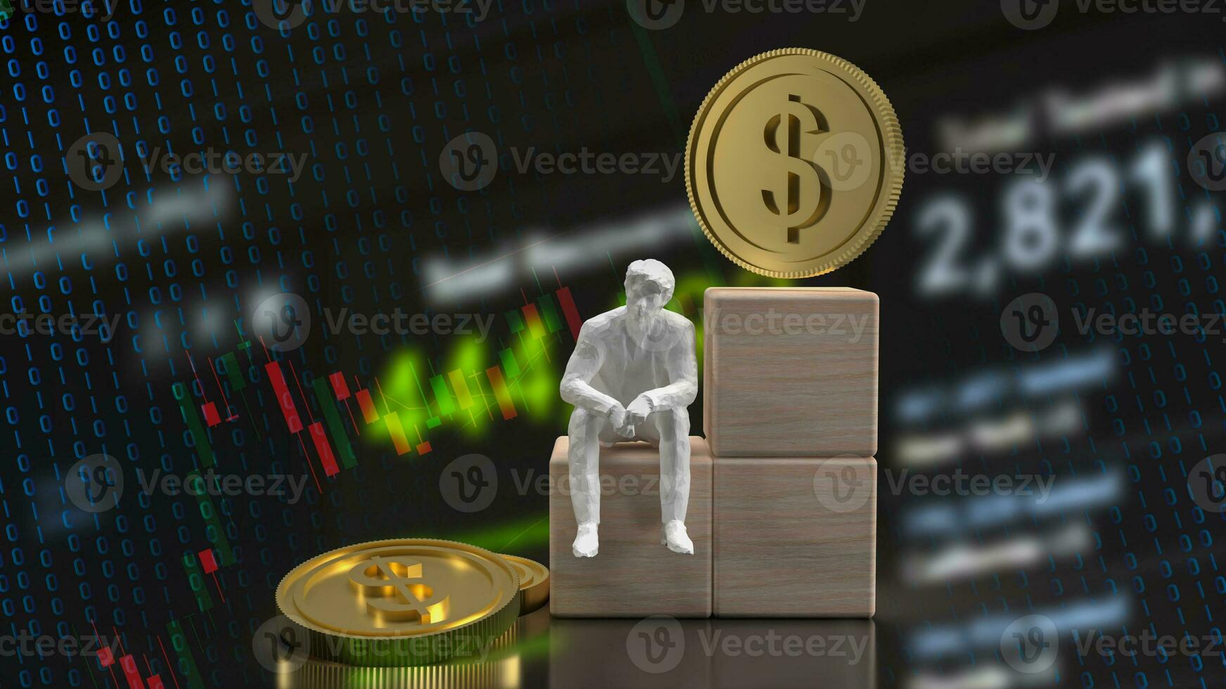 The Business man sit on wood cube  3d rendering photo