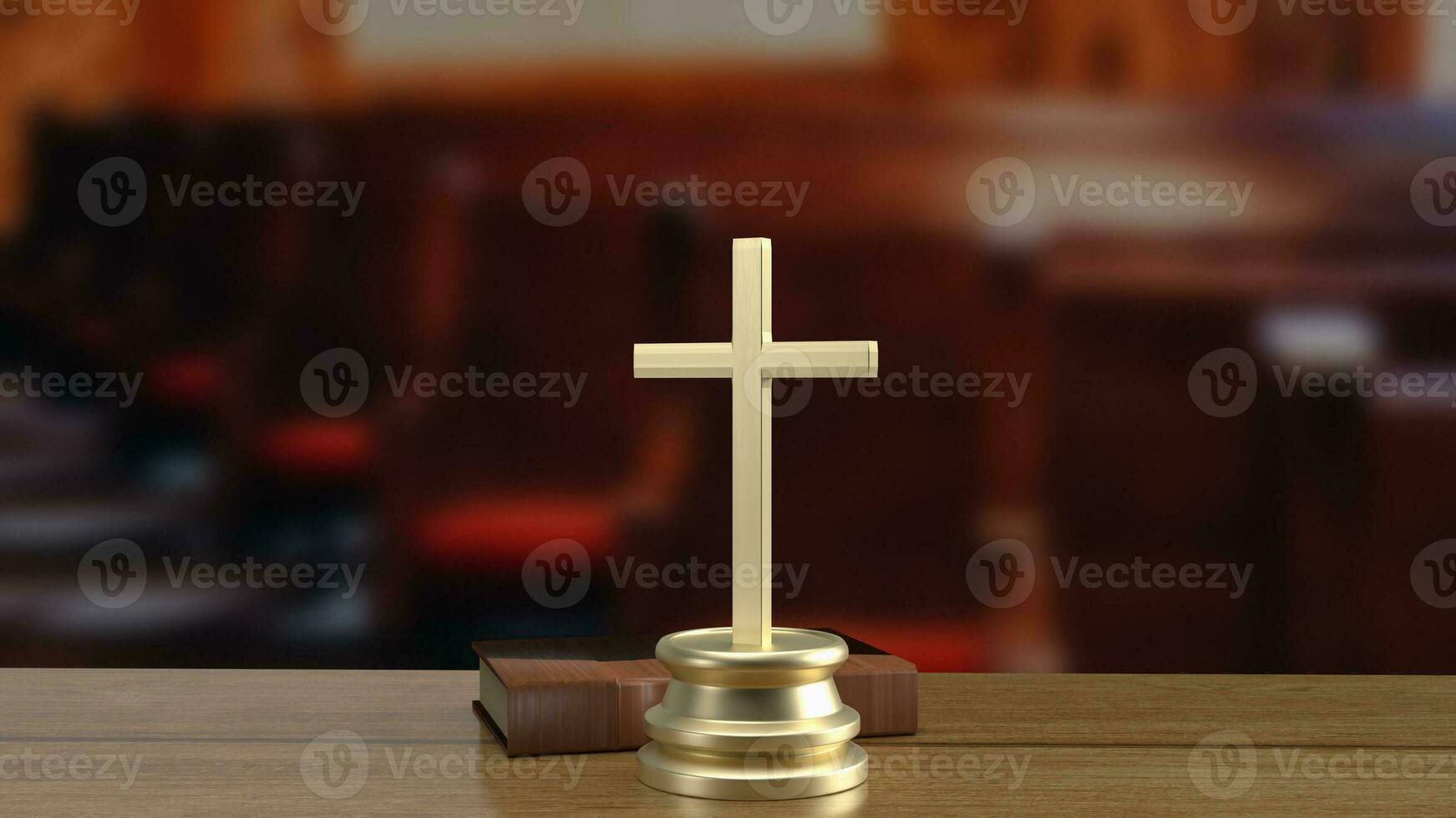 The cross on wood table for religion concept 3d rendering photo