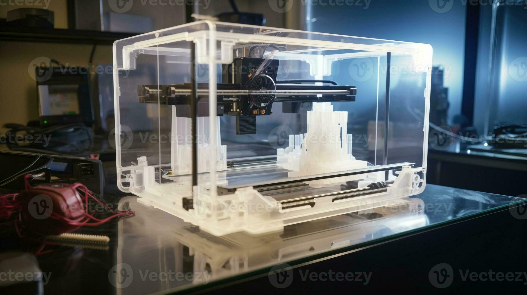 Process of 3D printing printer. Modern technologies of future. AI generated. photo