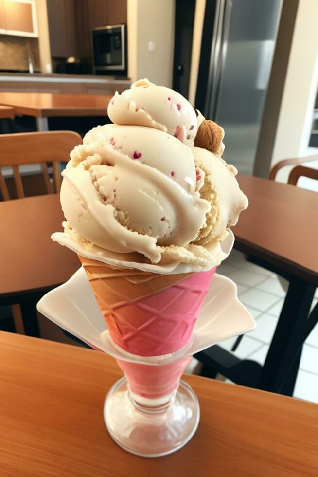 Ice cream scoops on cone. AI Generative photo