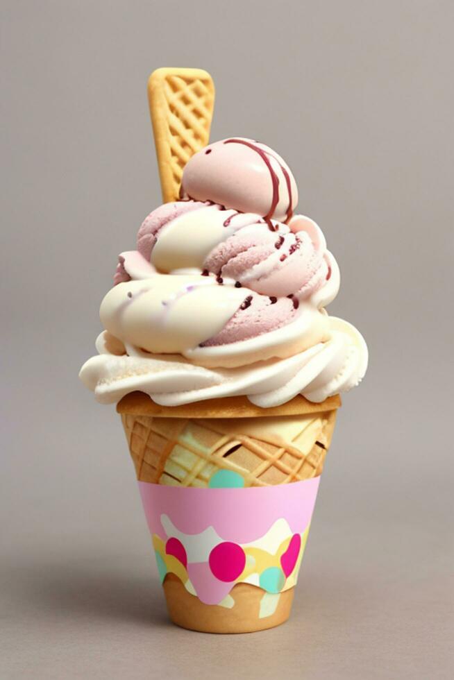 Ice cream scoops on cone. AI Generative photo