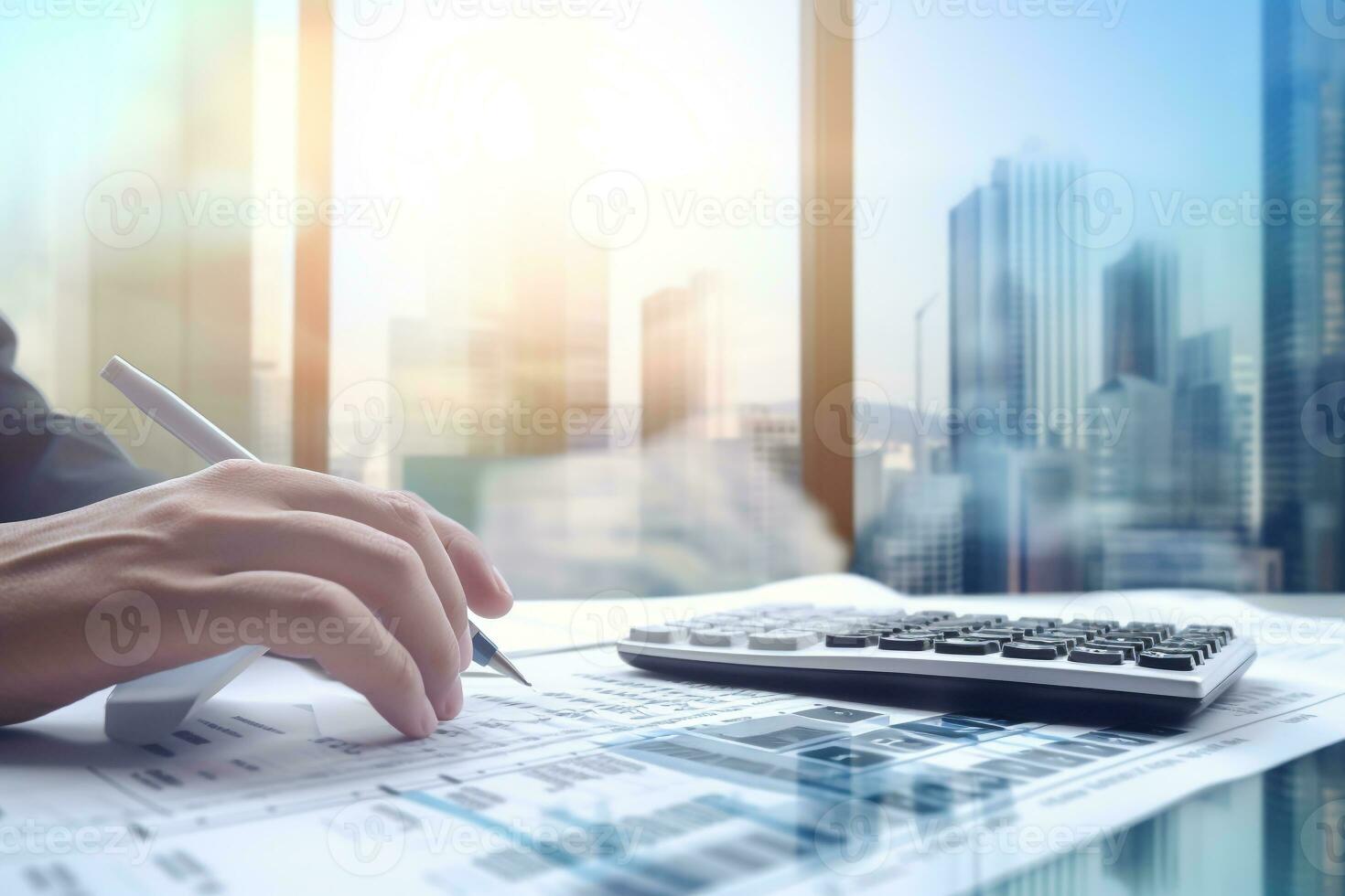 Business hands  using calculator on work table in white room.Business and finances concept. Created with Generative AI technology photo