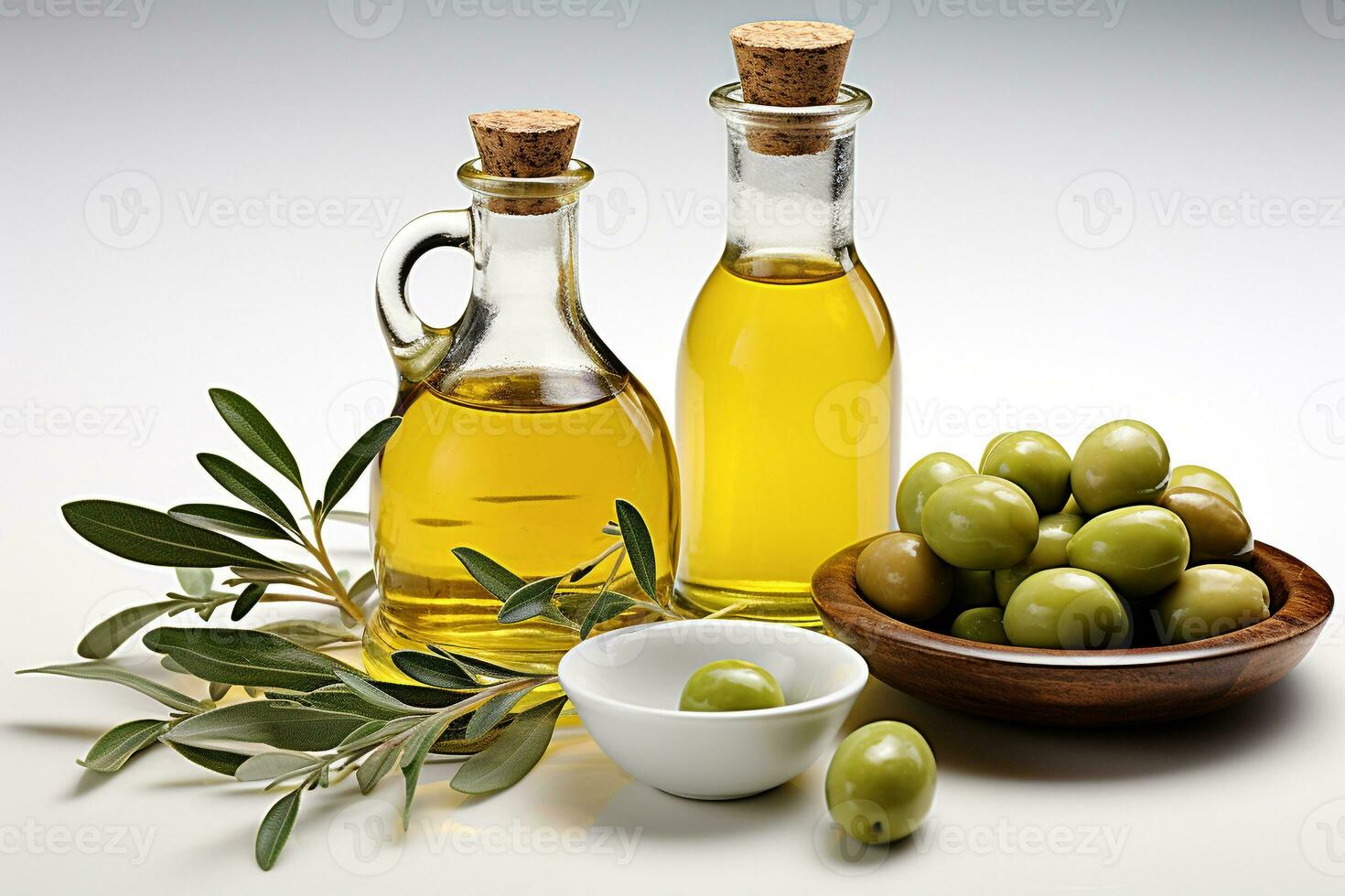 Organic olive oil in a bottle with olive.Health food, diet concept.Created with Generative AI technology. photo