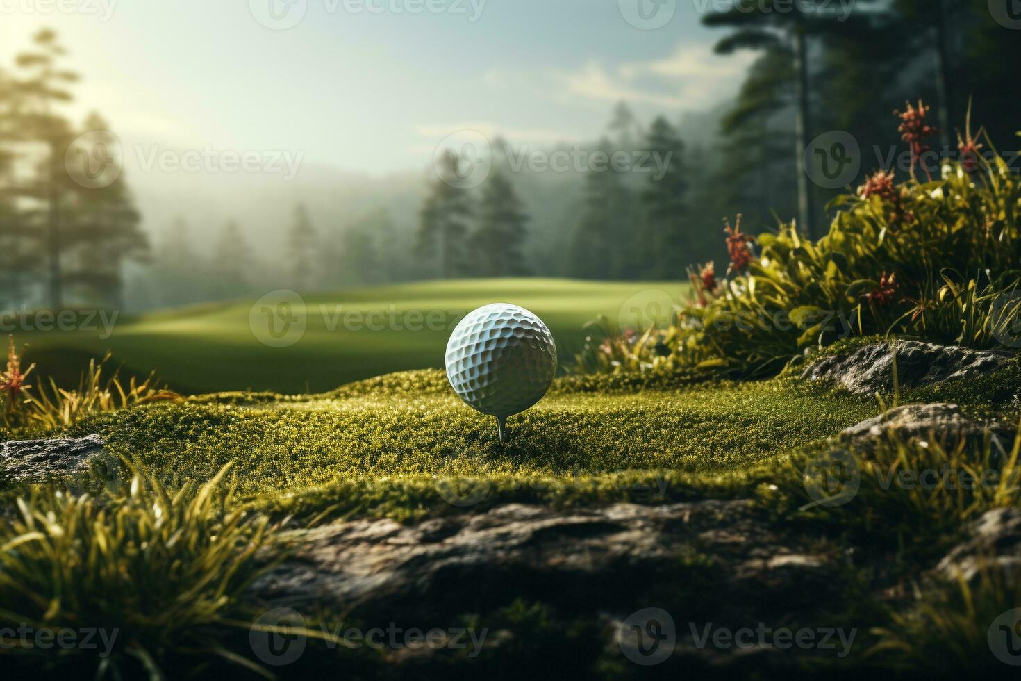 Golf ball with sport background design for banner with copy space.Created with Generative AI technology. photo