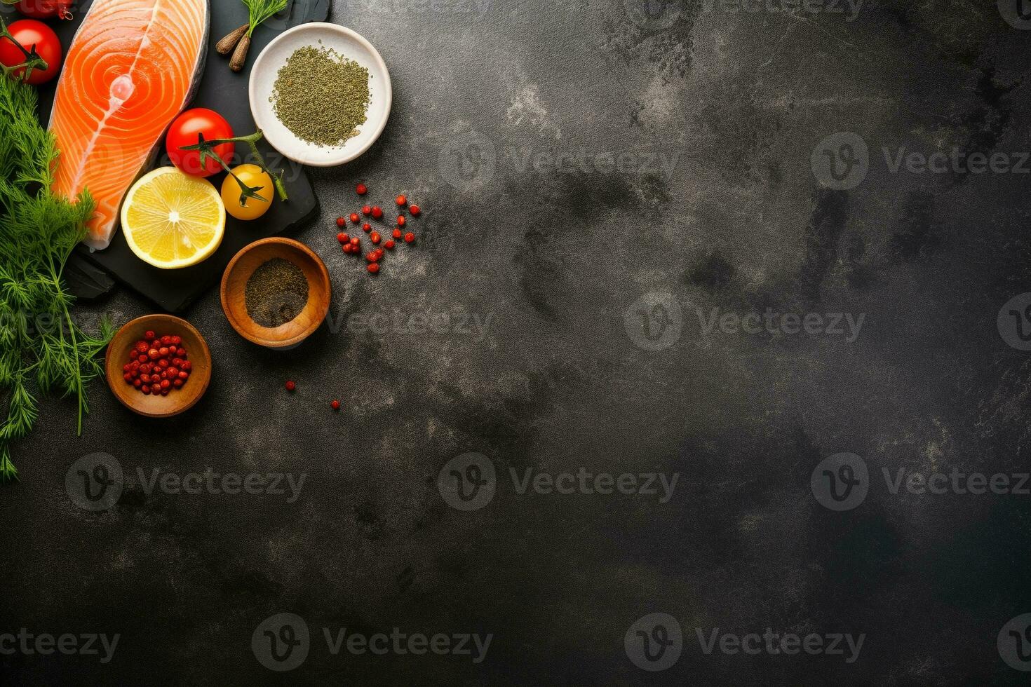 Top view of salmon,herbs and spices on a stone background.Health food, diet concept.Created with Generative AI technology. photo