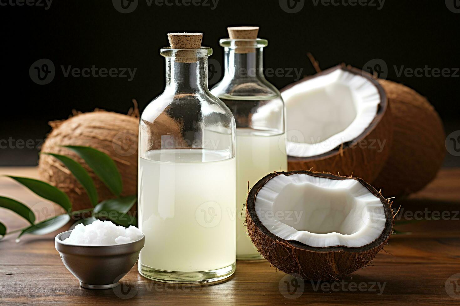 Coconut oil in a bottle with olive with coconut .Health food, diet concept.Created with Generative AI technology. photo