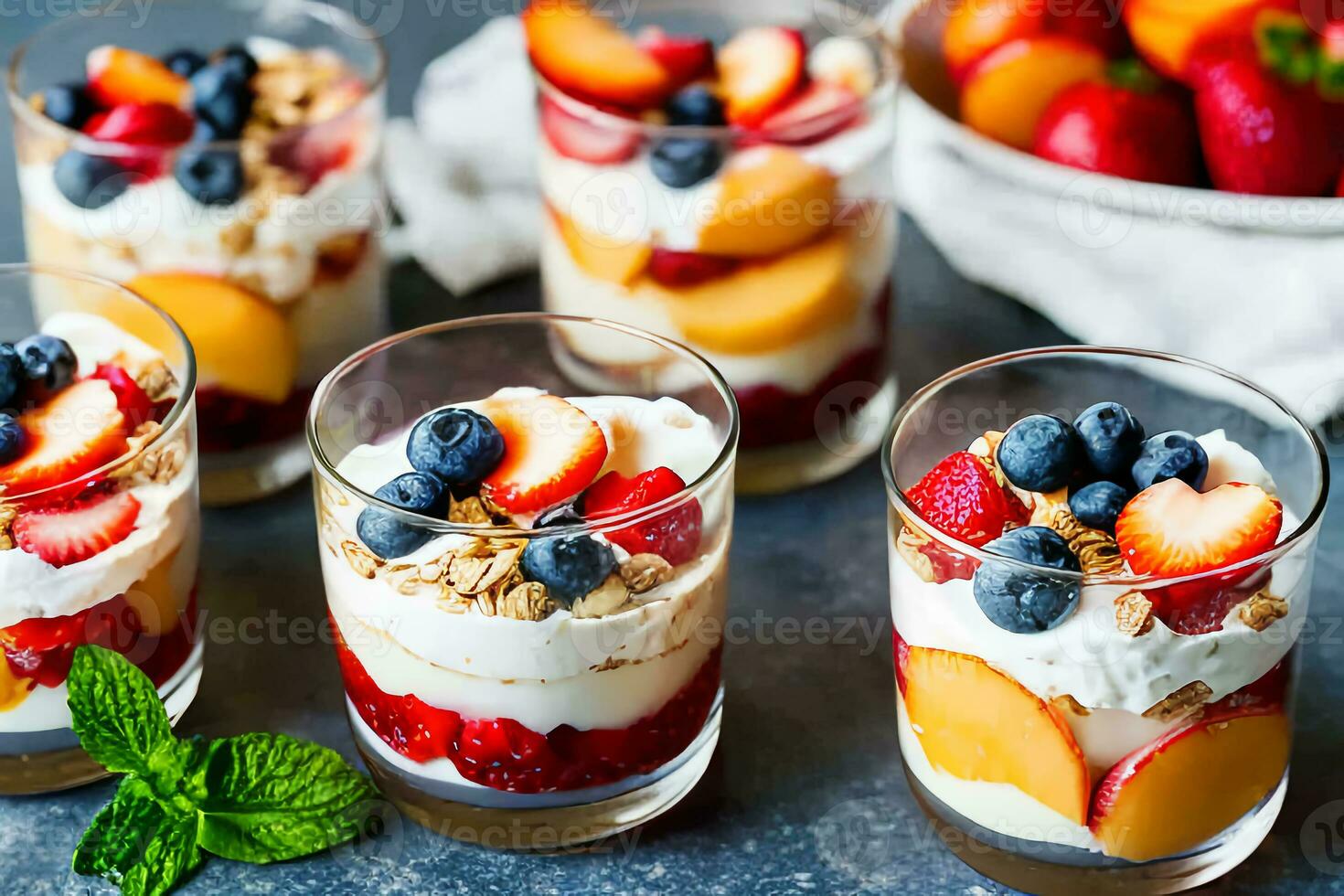 The Summer Breakfast Parfait is a colorful and delicious layered breakfast served in a glass or Mason jar. It's a quick and easy breakfast. Generative AI. photo