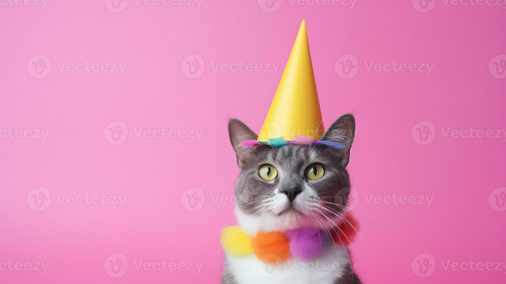 Cute Cat  with cone hat and necklace bowtie on isolated background.Happy birthday concept.created with Generative AI technology photo