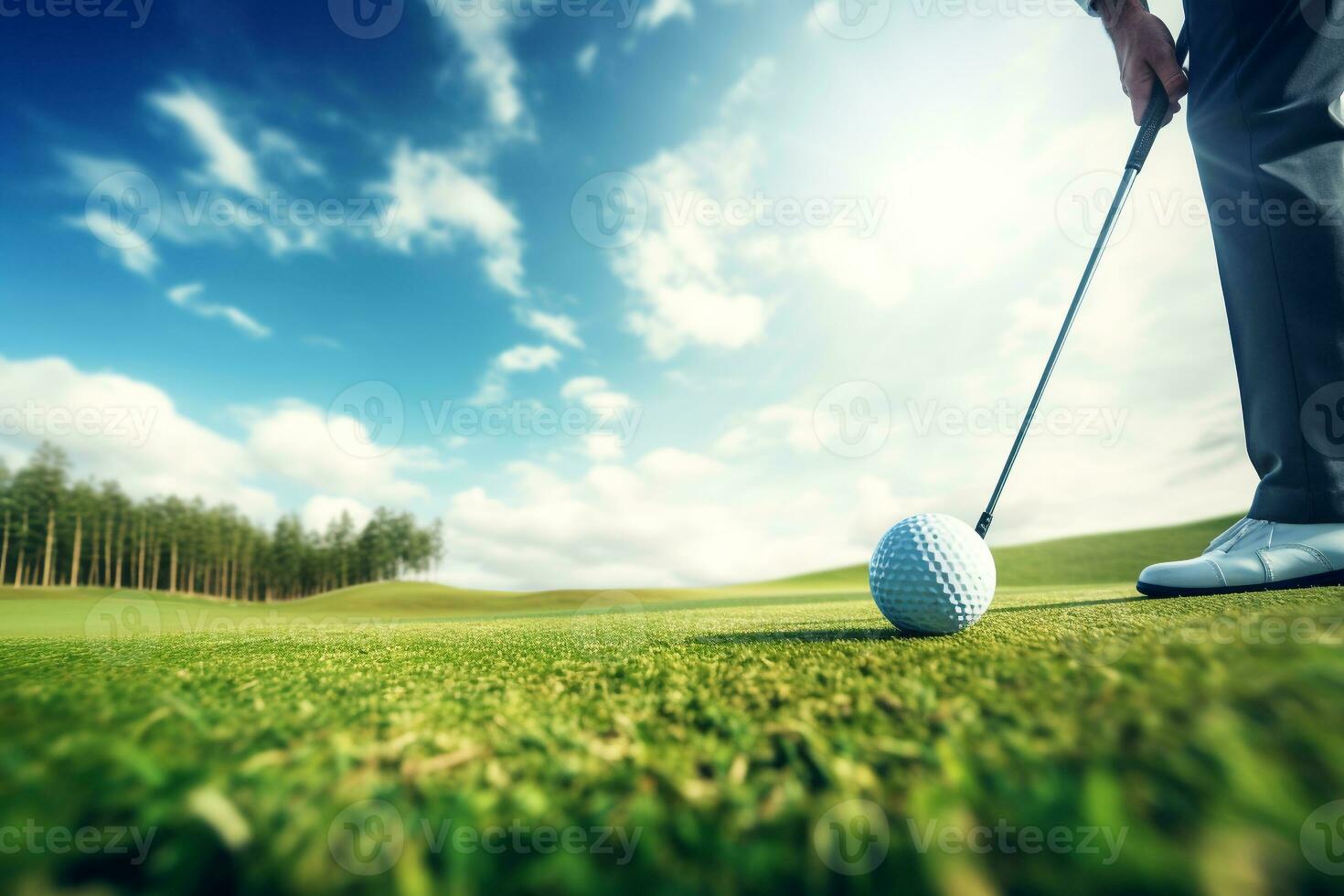 Golf player playing a golf game with beautiful golf course. Created with Generative AI technology. photo