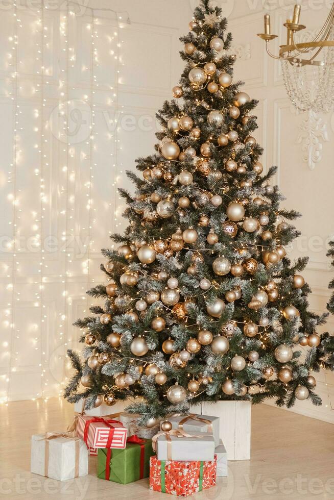 Beautiful New Year's interior, Christmas tree, gifts photo