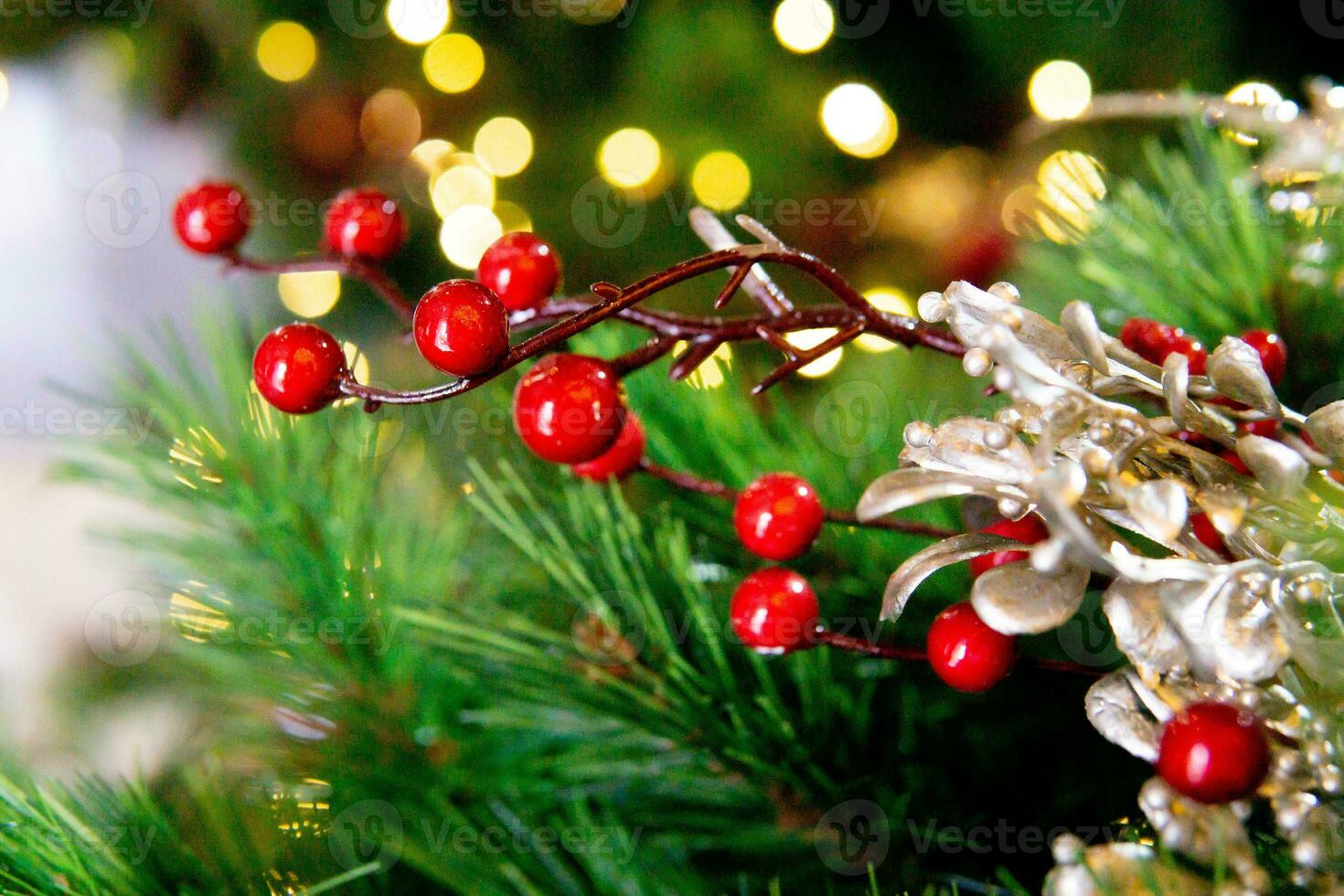 Balloons and handmade decorations on the Christmas tree close-up. Christmas background photo