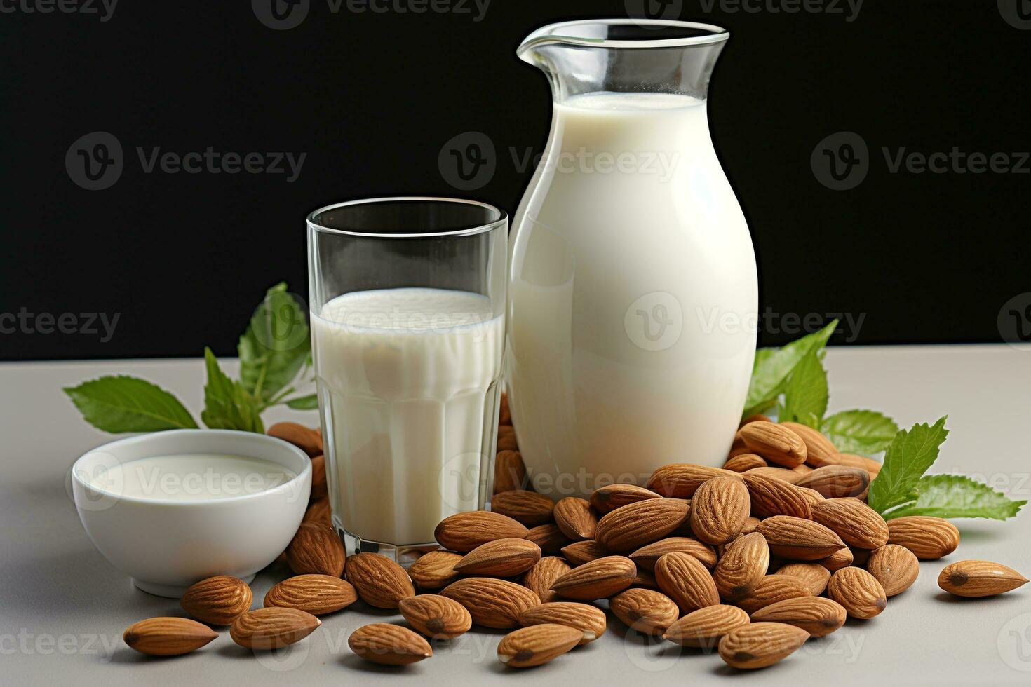 Almond milk in glass with almonds.Health food concept.Created with Generative AI technology. photo