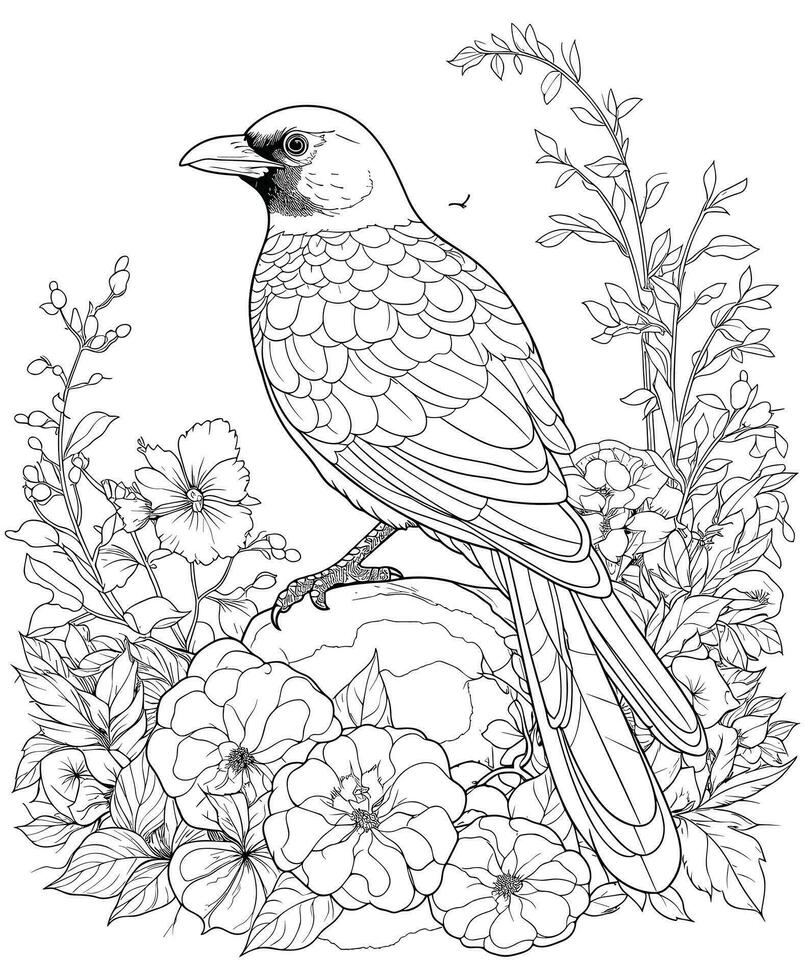 Magpie Birds flowers coloring pages for kids vector