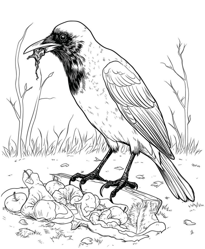 Magpie was eating a dead beef coloring page vector