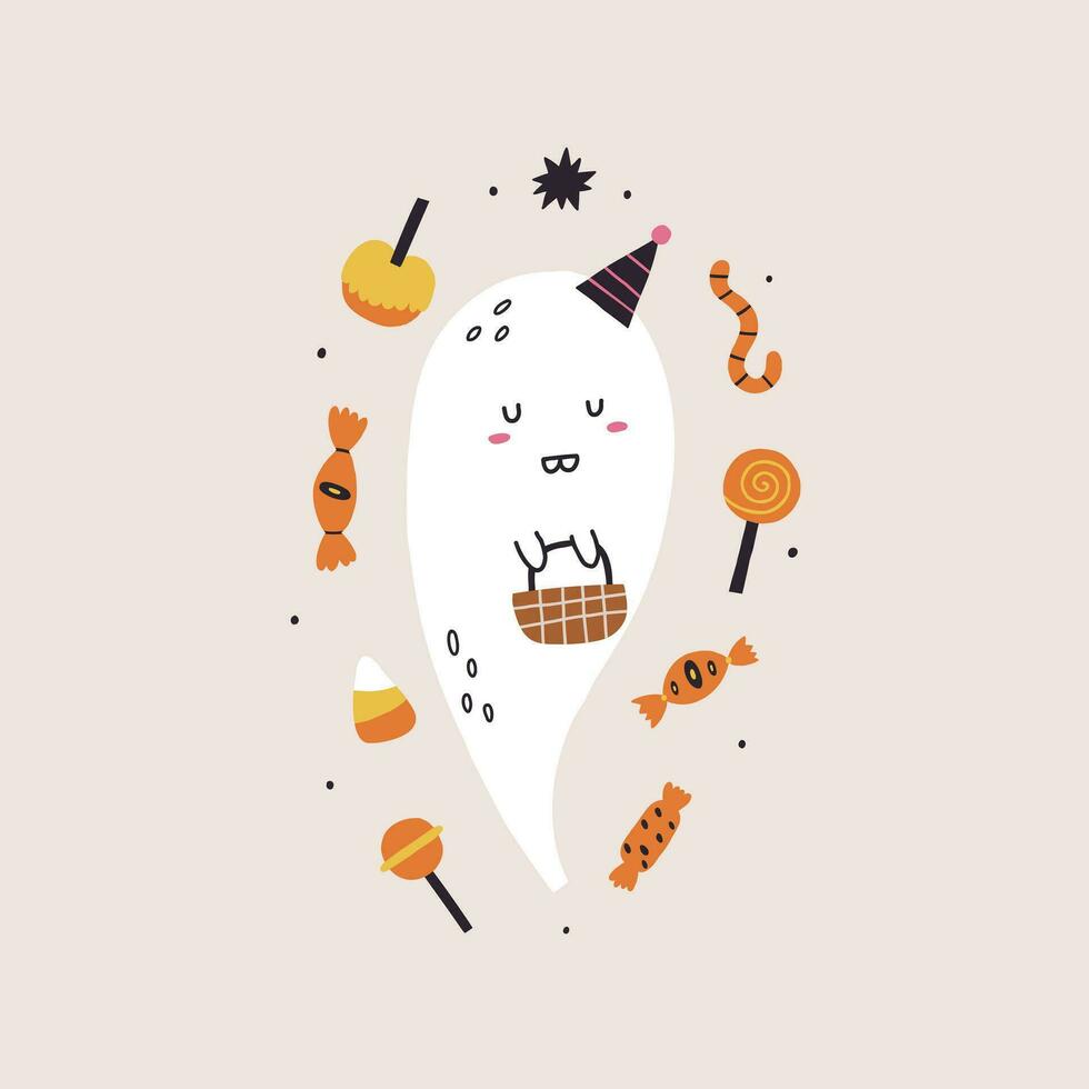 Cute ghost with halloween candy vector