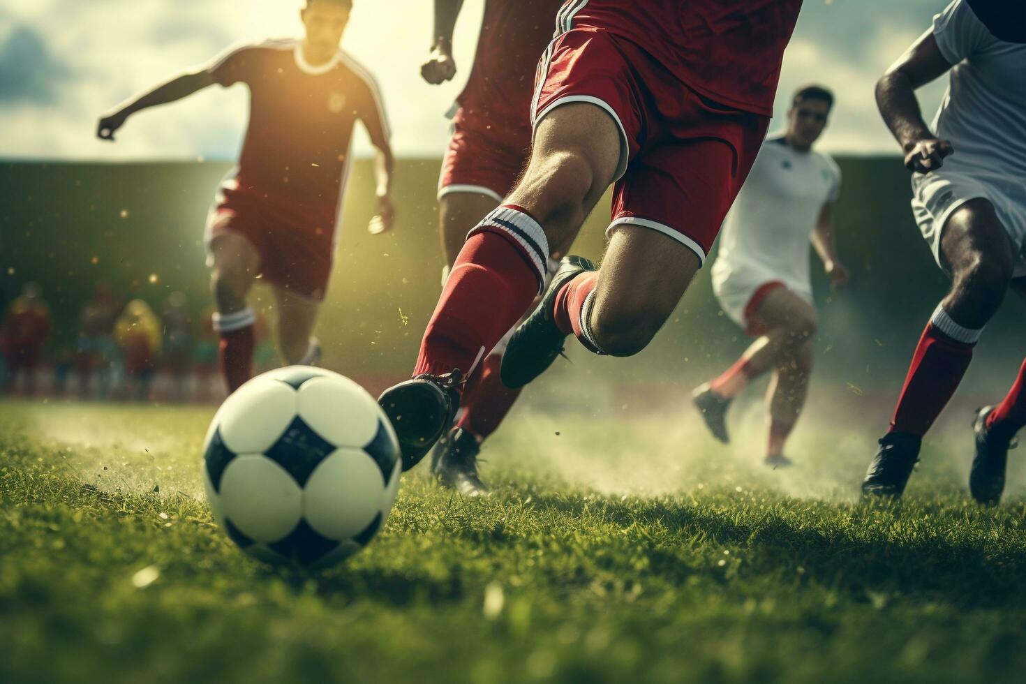 Close up of many soccer players kicking a football on a field,competition scene.Created with Generative AI technology photo