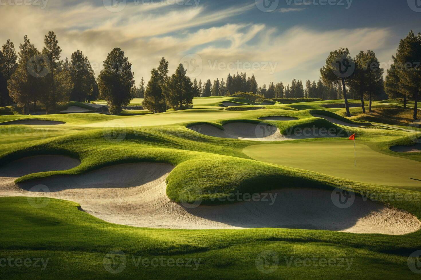 Beautiful golf course with sand bunkers with blue sky. Created with Generative AI technology. photo