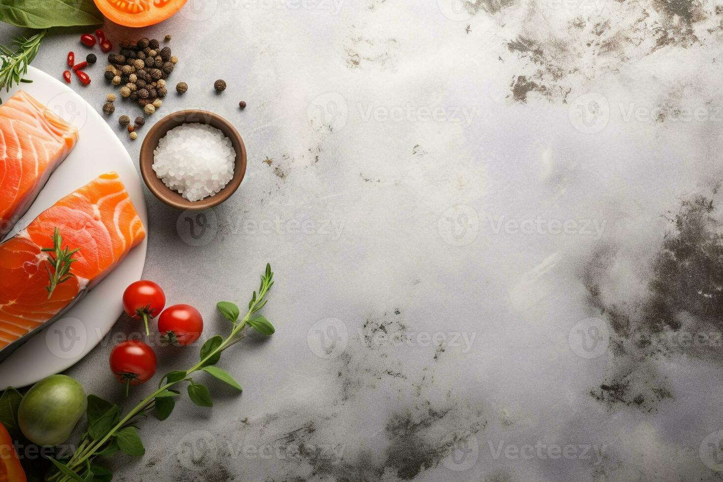 Top view of salmon,herbs and spices on a stone background.Health food, diet concept.Created with Generative AI technology. photo