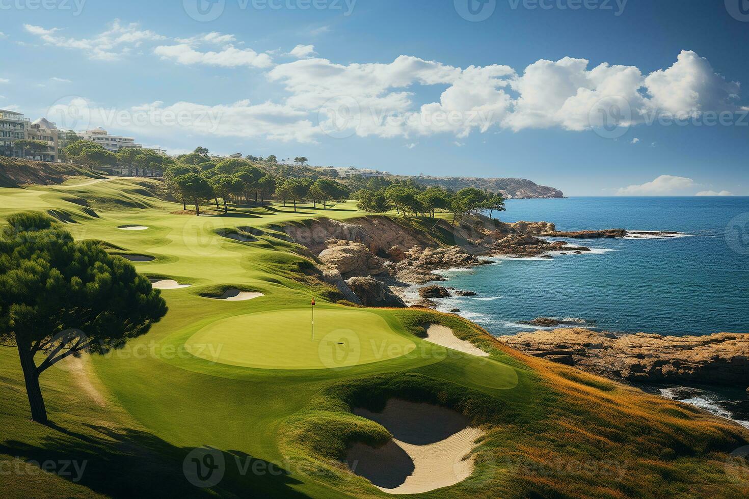 hermosa golf curso con arena búnkeres con azul cielo. creado con generativo ai tecnología. foto