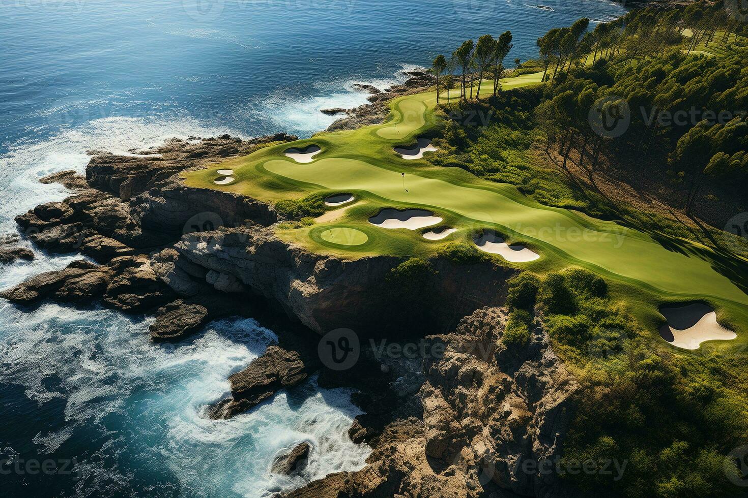 hermosa golf curso con arena búnkeres con azul cielo. creado con generativo ai tecnología. foto